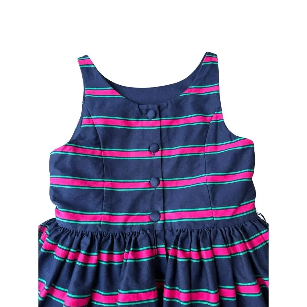 Ralph Lauren Navy Blue Striped Button Back Fit And Flare Dress Size 8 Girls